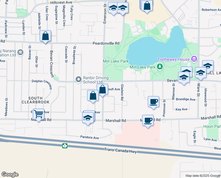 map of restaurants, bars, coffee shops, grocery stores, and more near Boult Avenue in Abbotsford