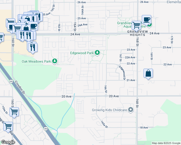 map of restaurants, bars, coffee shops, grocery stores, and more near 16520 21A Avenue in Surrey
