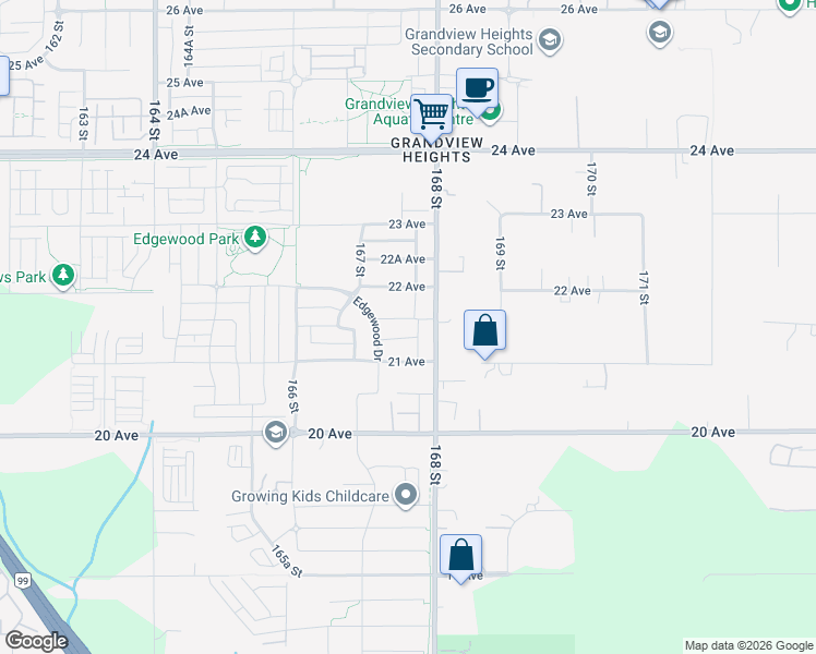 map of restaurants, bars, coffee shops, grocery stores, and more near 16782 21A Avenue in Surrey