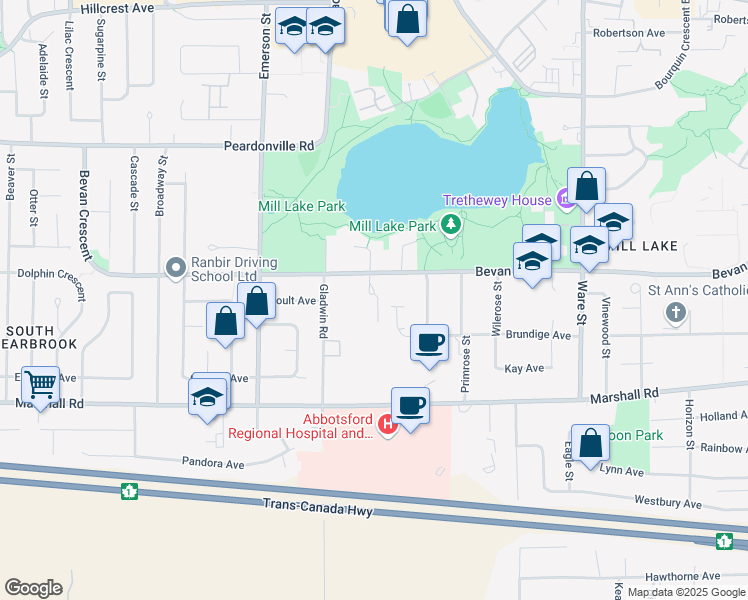map of restaurants, bars, coffee shops, grocery stores, and more near 32880 Bevan Way in Abbotsford