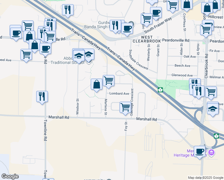 map of restaurants, bars, coffee shops, grocery stores, and more near 31519 Lombard Avenue in Abbotsford