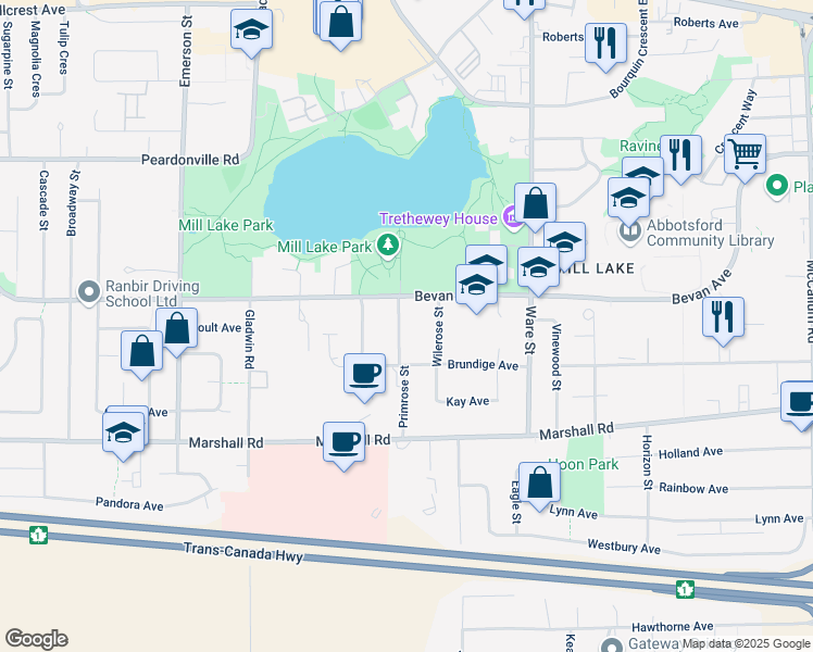 map of restaurants, bars, coffee shops, grocery stores, and more near 2162 Primrose Street in Abbotsford