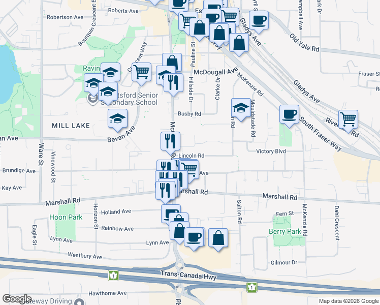 map of restaurants, bars, coffee shops, grocery stores, and more near 33655 Lincoln Road in Abbotsford