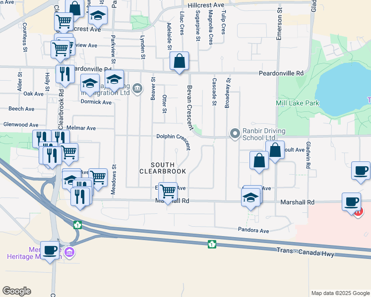 map of restaurants, bars, coffee shops, grocery stores, and more near 2153 Dolphin Crescent in Abbotsford