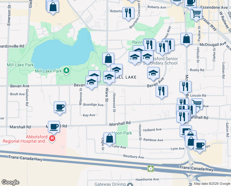 map of restaurants, bars, coffee shops, grocery stores, and more near 2168 Vinewood Street in Abbotsford