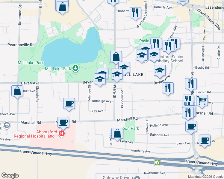 map of restaurants, bars, coffee shops, grocery stores, and more near 2161 Ware Street in Abbotsford