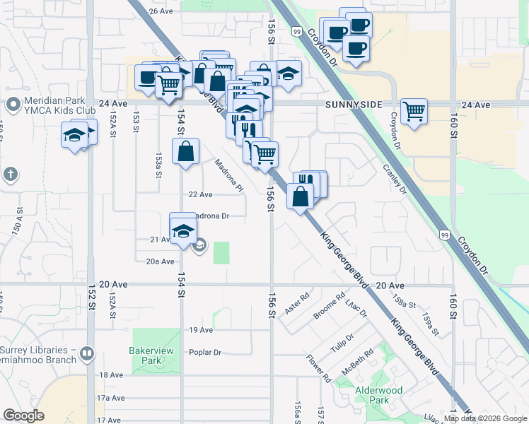 map of restaurants, bars, coffee shops, grocery stores, and more near 2155 156 Street in Surrey