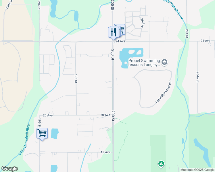 map of restaurants, bars, coffee shops, grocery stores, and more near 2161 200 Street in Langley