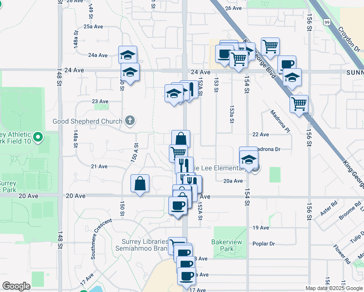 map of restaurants, bars, coffee shops, grocery stores, and more near 2167 152 Street in Surrey