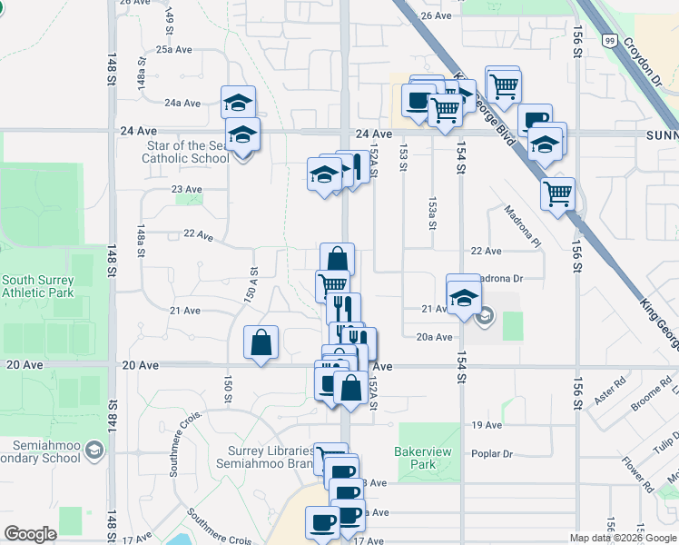 map of restaurants, bars, coffee shops, grocery stores, and more near 2167 152 Street in Surrey