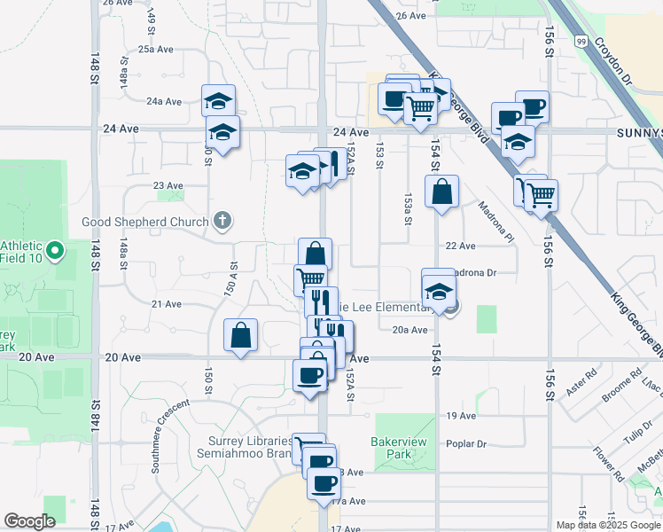 map of restaurants, bars, coffee shops, grocery stores, and more near 2158 152 Street in Surrey