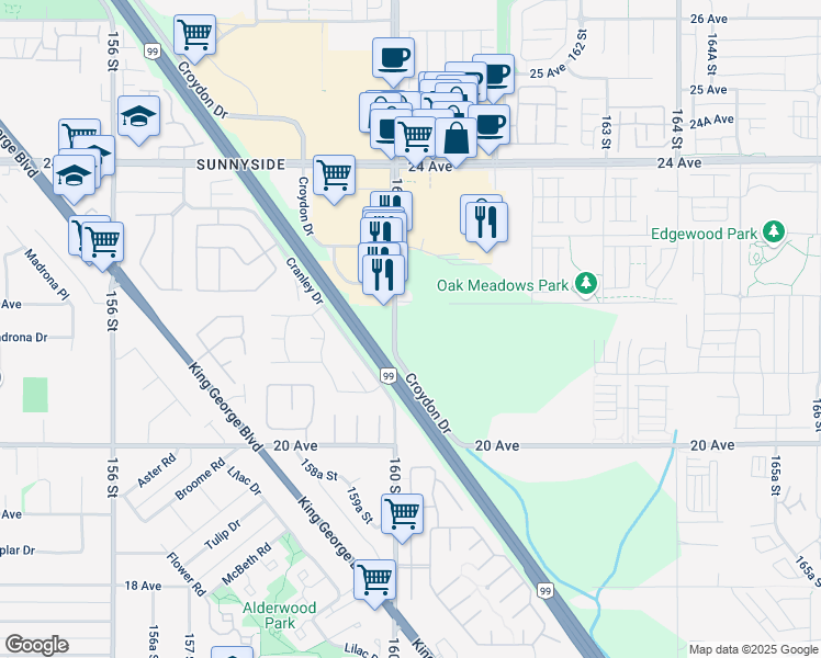 map of restaurants, bars, coffee shops, grocery stores, and more near 2172 160 Street in Surrey