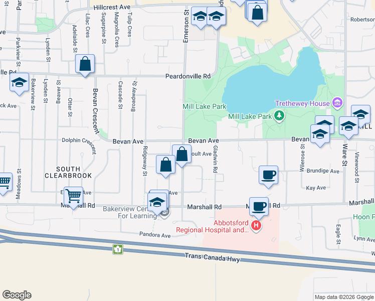 map of restaurants, bars, coffee shops, grocery stores, and more near 2168 Emerson Street in Abbotsford