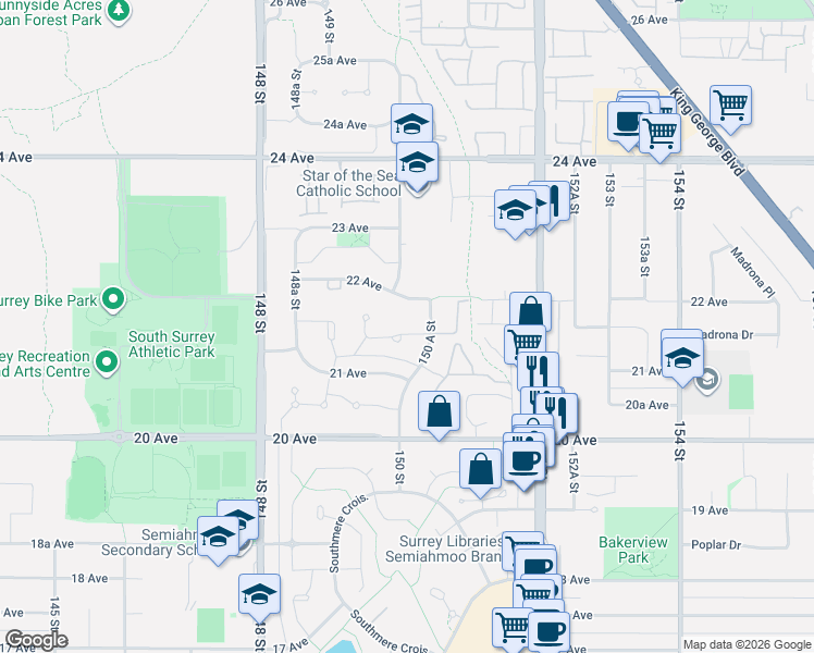 map of restaurants, bars, coffee shops, grocery stores, and more near 15023 21B Avenue in Surrey