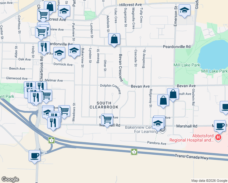 map of restaurants, bars, coffee shops, grocery stores, and more near 2164 Opal Place in Abbotsford