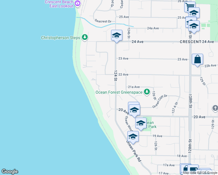 map of restaurants, bars, coffee shops, grocery stores, and more near 12368 21A Avenue in Surrey