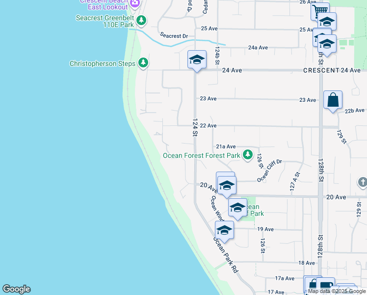 map of restaurants, bars, coffee shops, grocery stores, and more near 12368 21A Avenue in Surrey