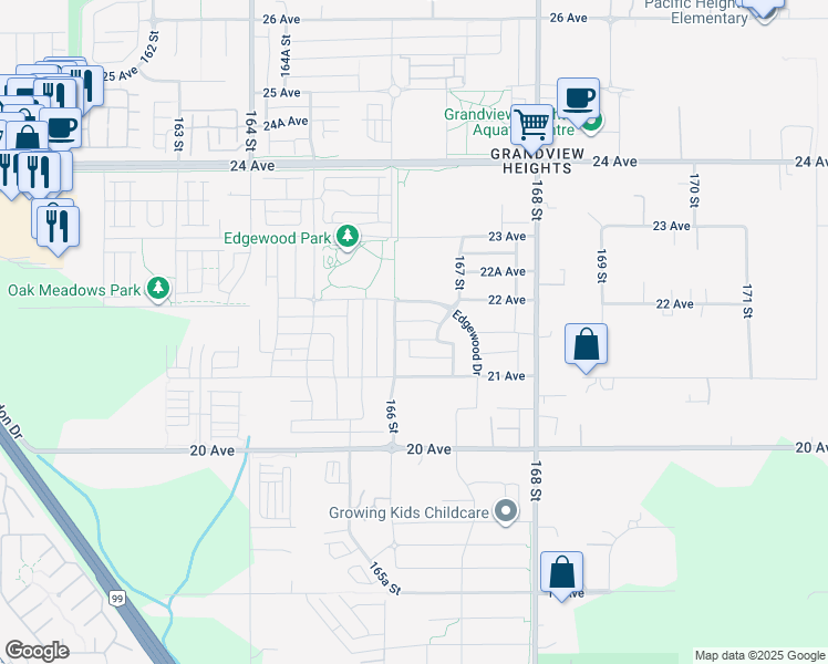 map of restaurants, bars, coffee shops, grocery stores, and more near 16623 21A Avenue in Surrey