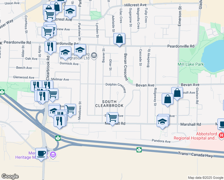 map of restaurants, bars, coffee shops, grocery stores, and more near 2174 Topaz Street in Abbotsford