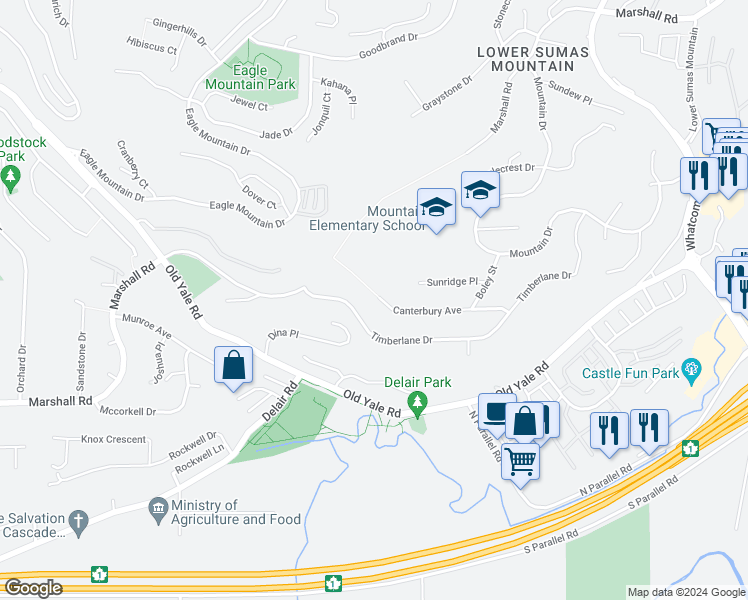 map of restaurants, bars, coffee shops, grocery stores, and more near 35668 Canterbury Avenue in Abbotsford