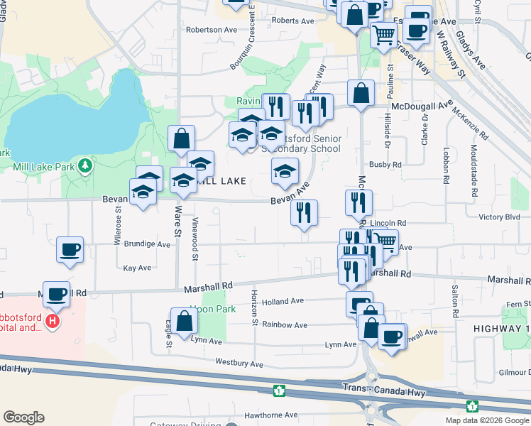 map of restaurants, bars, coffee shops, grocery stores, and more near 33386 Bevan Avenue in Abbotsford