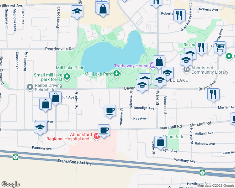 map of restaurants, bars, coffee shops, grocery stores, and more near 2173 Primrose Street in Abbotsford