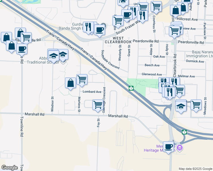 map of restaurants, bars, coffee shops, grocery stores, and more near 2170 Oakridge Crescent in Abbotsford