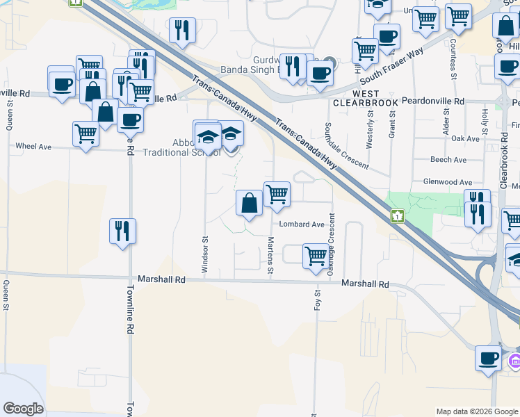 map of restaurants, bars, coffee shops, grocery stores, and more near 2161 Martens Street in Abbotsford