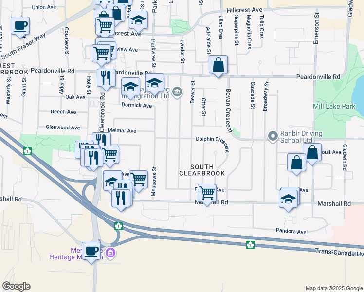 map of restaurants, bars, coffee shops, grocery stores, and more near 2174 Lynden Street in Abbotsford
