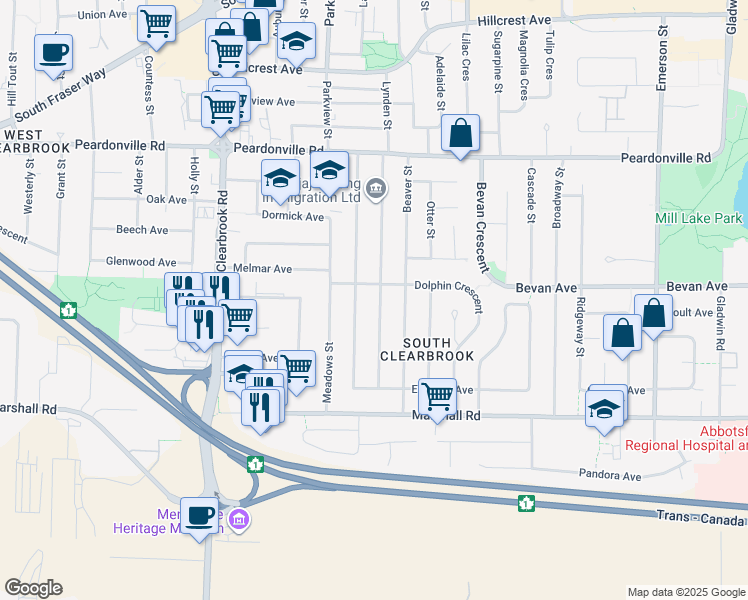map of restaurants, bars, coffee shops, grocery stores, and more near 2175 Lynden Street in Abbotsford
