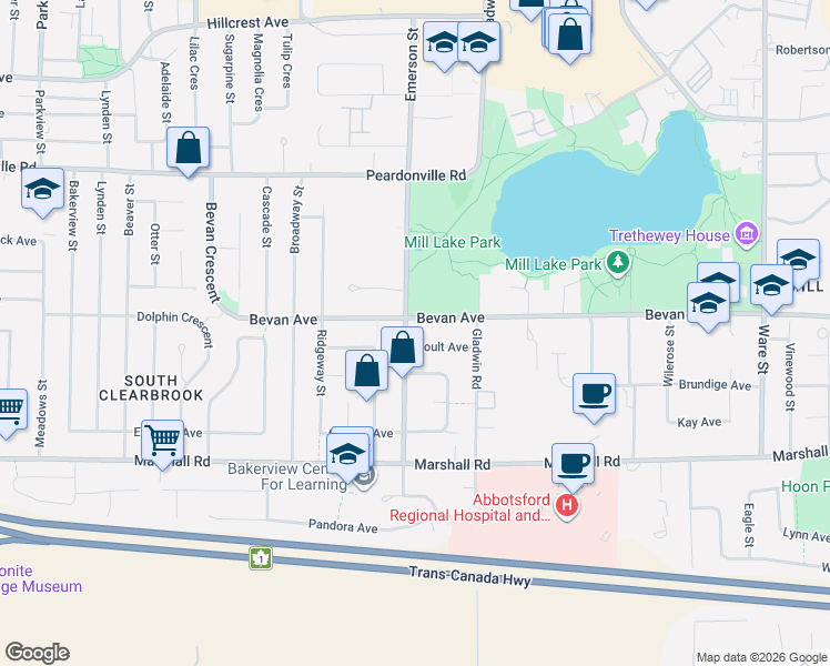 map of restaurants, bars, coffee shops, grocery stores, and more near 32730 Boult Avenue in Abbotsford