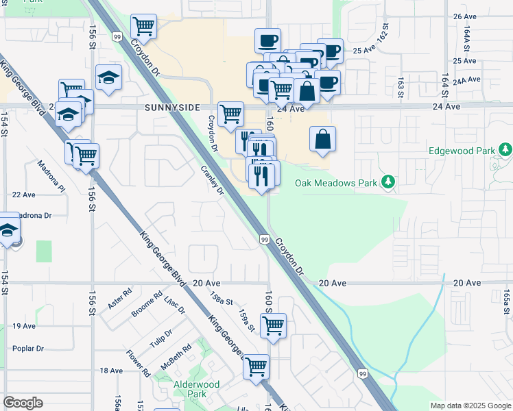 map of restaurants, bars, coffee shops, grocery stores, and more near 2172 160 Street in Surrey