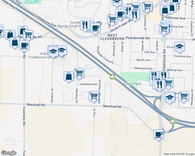 map of restaurants, bars, coffee shops, grocery stores, and more near 2171 Oakridge Crescent in Abbotsford