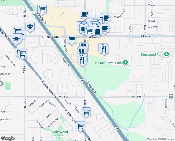 map of restaurants, bars, coffee shops, grocery stores, and more near 2172 160 Street in Surrey