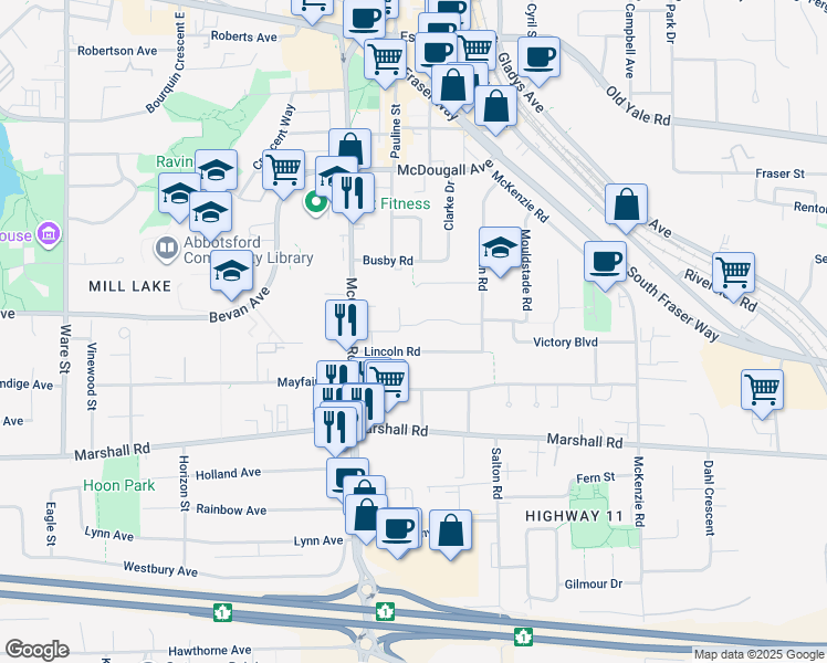 map of restaurants, bars, coffee shops, grocery stores, and more near 33690 Beechwood Drive in Abbotsford