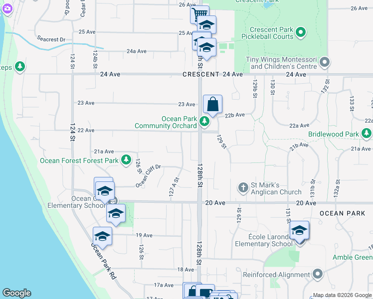 map of restaurants, bars, coffee shops, grocery stores, and more near 2140 127A Street in Surrey