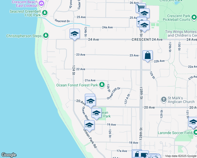 map of restaurants, bars, coffee shops, grocery stores, and more near 12549 21A Avenue in Surrey