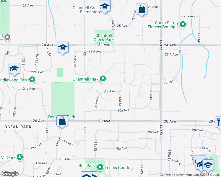 map of restaurants, bars, coffee shops, grocery stores, and more near 13759 21A Avenue in Surrey