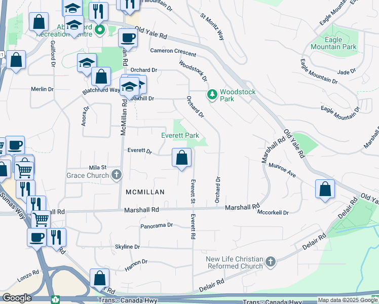 map of restaurants, bars, coffee shops, grocery stores, and more near 2181 Everett Street in Abbotsford