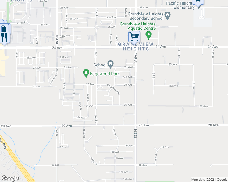 map of restaurants, bars, coffee shops, grocery stores, and more near 16702 Edgewood Drive in Surrey