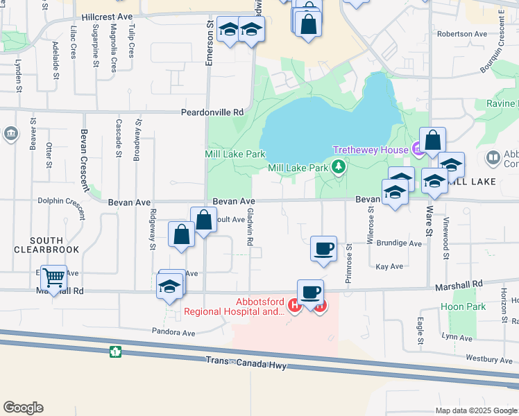map of restaurants, bars, coffee shops, grocery stores, and more near 2180 Gladwin Road in Abbotsford