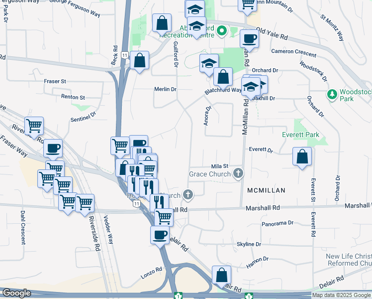 map of restaurants, bars, coffee shops, grocery stores, and more near 2177 Guilford Drive in Abbotsford