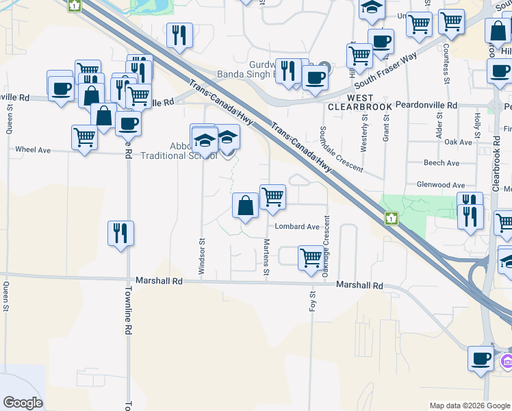 map of restaurants, bars, coffee shops, grocery stores, and more near 2141 Martens Street in Abbotsford