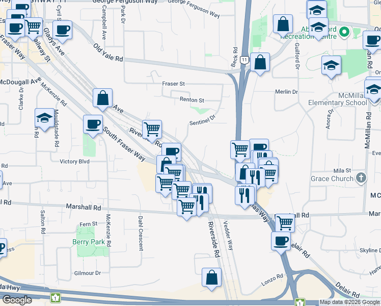 map of restaurants, bars, coffee shops, grocery stores, and more near 34201 Gladys Avenue in Abbotsford