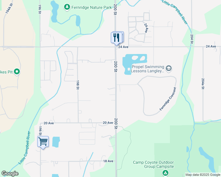 map of restaurants, bars, coffee shops, grocery stores, and more near 2185 200 Street in Langley City