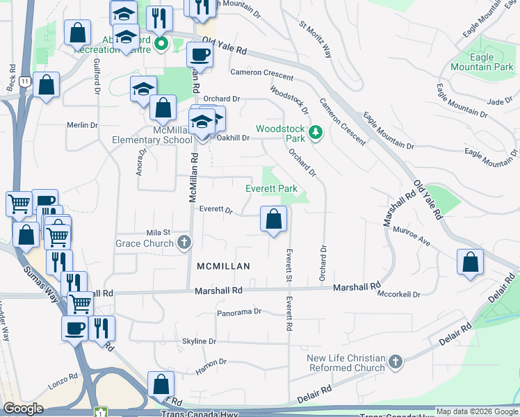 map of restaurants, bars, coffee shops, grocery stores, and more near 2157 Essex Drive in Abbotsford