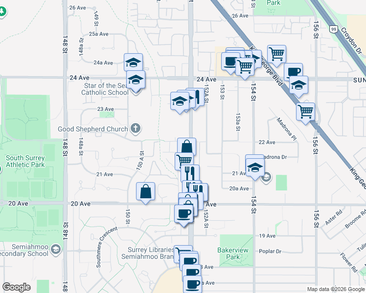 map of restaurants, bars, coffee shops, grocery stores, and more near 15168 22 Avenue in Surrey