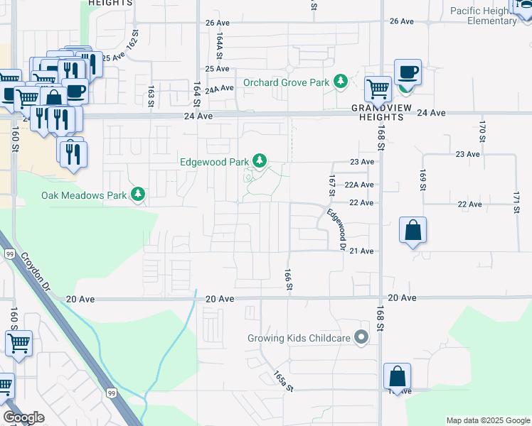 map of restaurants, bars, coffee shops, grocery stores, and more near 2185 165B Street in Surrey