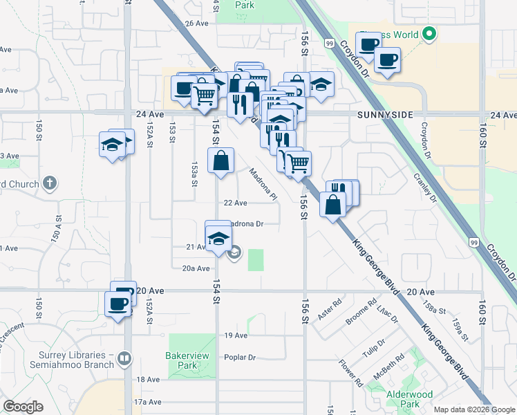 map of restaurants, bars, coffee shops, grocery stores, and more near 15496 22 Avenue in Surrey