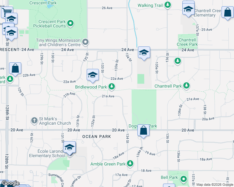 map of restaurants, bars, coffee shops, grocery stores, and more near 13320 22A Avenue in Surrey